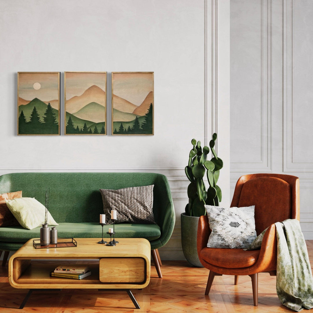 Boho Forest Mountain Wood Wall Art | Modern Teal Boho Wall Hanging | 3-piece Set Minimalistic Mountain landscape Wall Décor - Vintage Adventures