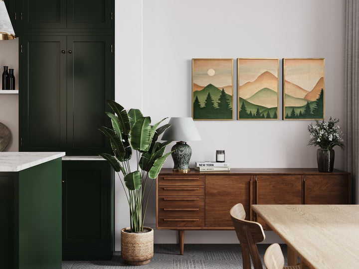 Boho Forest Mountain Wood Wall Art | Modern Teal Boho Wall Hanging | 3-piece Set Minimalistic Mountain landscape Wall Décor - Vintage Adventures