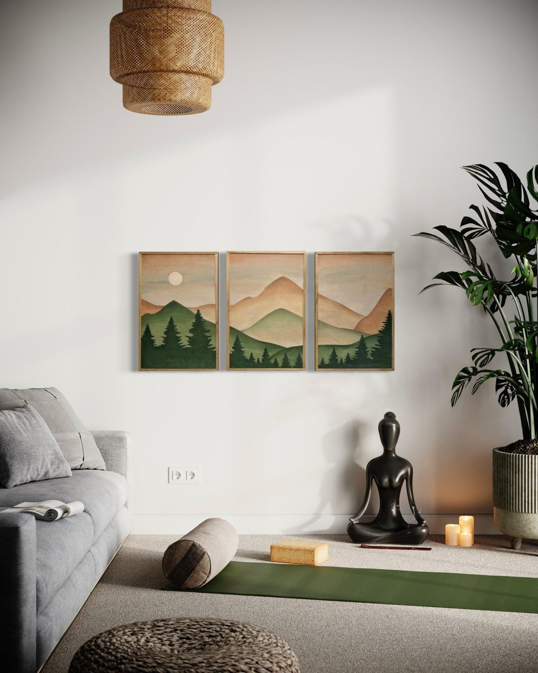 Boho Forest Mountain Wood Wall Art | Modern Teal Boho Wall Hanging | 3-piece Set Minimalistic Mountain landscape Wall Décor - Vintage Adventures