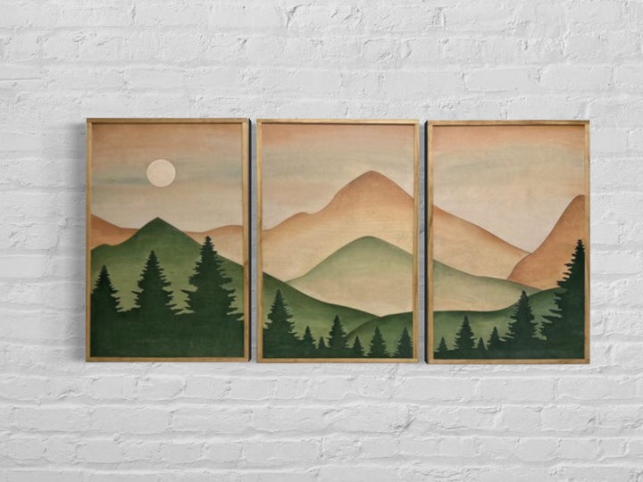 Boho Forest Mountain Wood Wall Art | Modern Teal Boho Wall Hanging | 3-piece Set Minimalistic Mountain landscape Wall Décor - Vintage Adventures