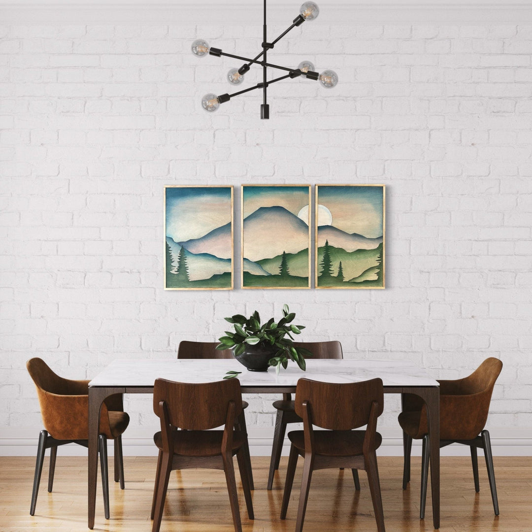 Boho Mountain Wood Wall art | Forest mountain landscape wall decor | modern living room decor - Vintage Adventures