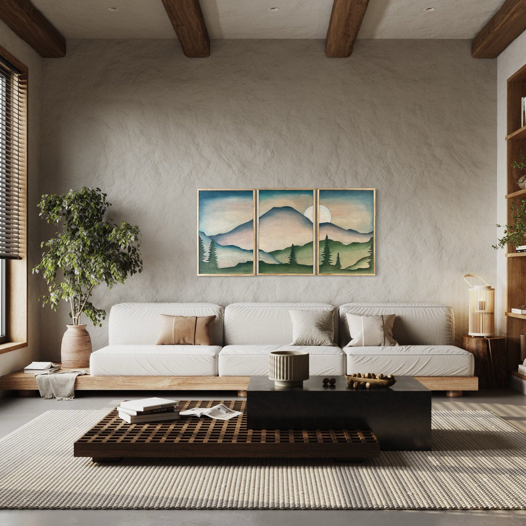 Boho Mountain Wood Wall art | Forest mountain landscape wall decor | modern living room decor - Vintage Adventures