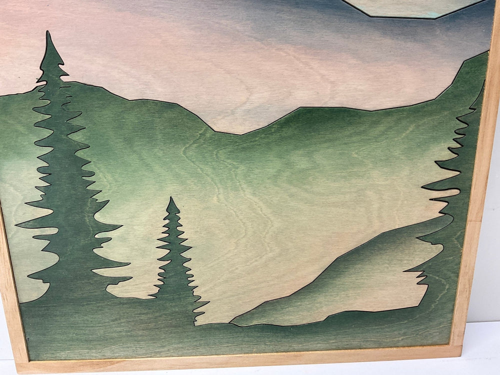 Boho Mountain Wood Wall art | Forest mountain landscape wall decor | modern living room decor - Vintage Adventures