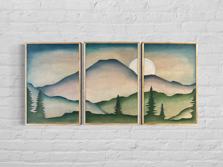 Boho Mountain Wood Wall art | Forest mountain landscape wall decor | modern living room decor - Vintage Adventures