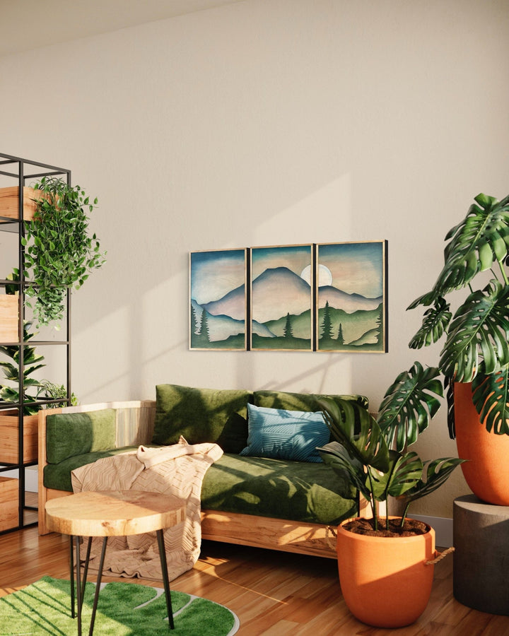 Boho Mountain Wood Wall art | Forest mountain landscape wall decor | modern living room decor - Vintage Adventures