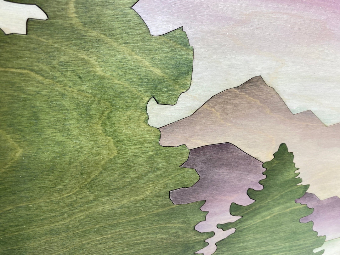 Boho Mountain Wood Wall | Modern Landscape Wall Hanging | Crescent Moon Mountain Watercolor Wood Wall Art Gallery - Vintage Adventures