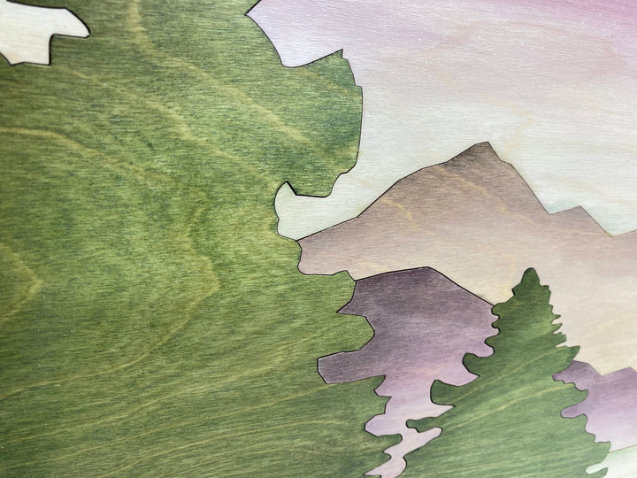Boho Mountain Wood Wall | Modern Landscape Wall Hanging | Crescent Moon Mountain Watercolor Wood Wall Art Gallery - Vintage Adventures