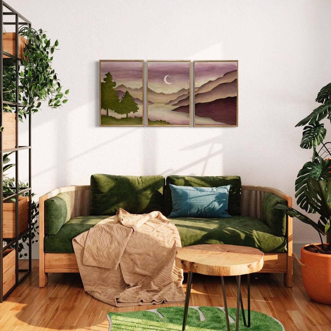 Boho Mountain Wood Wall | Modern Landscape Wall Hanging | Crescent Moon Mountain Watercolor Wood Wall Art Gallery - Vintage Adventures