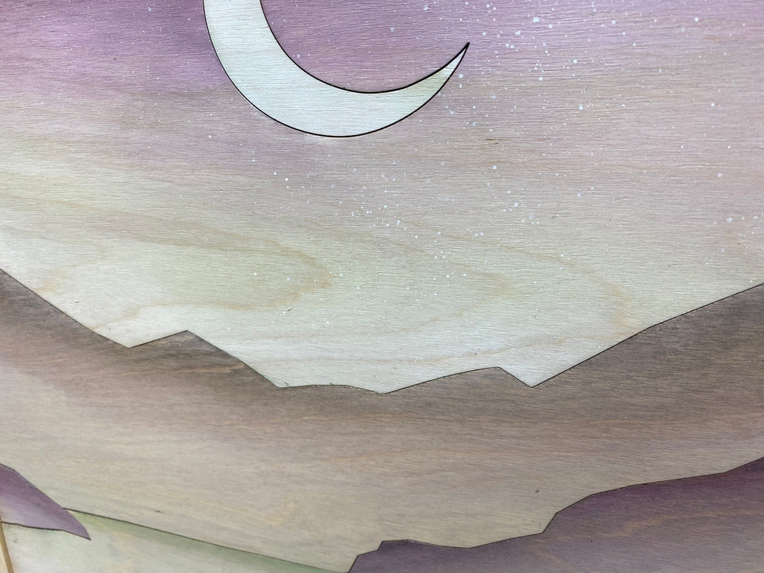Boho Mountain Wood Wall | Modern Landscape Wall Hanging | Crescent Moon Mountain Watercolor Wood Wall Art Gallery - Vintage Adventures