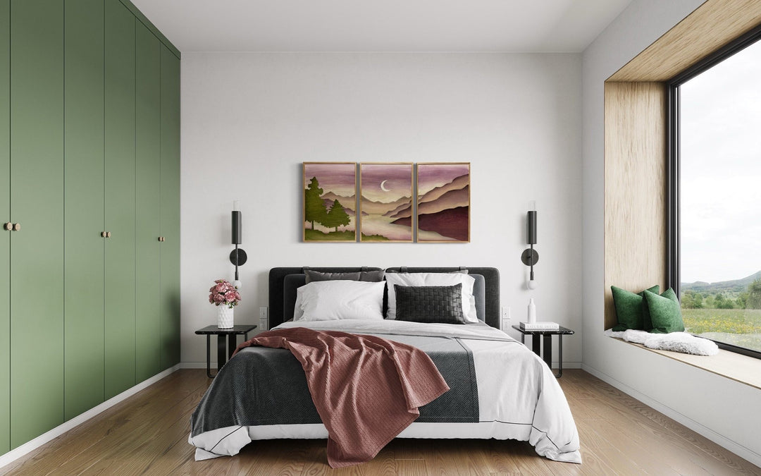 Boho Mountain Wood Wall | Modern Landscape Wall Hanging | Crescent Moon Mountain Watercolor Wood Wall Art Gallery - Vintage Adventures