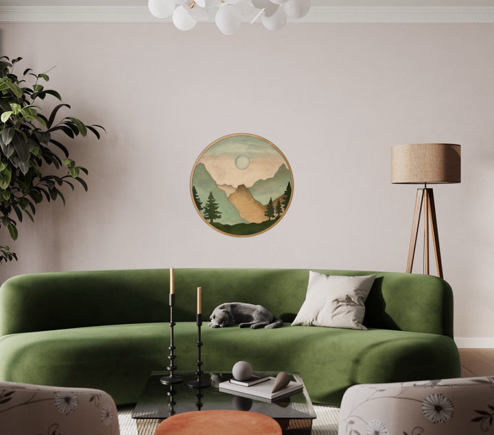 Boho Orange and Green Mountain and Forest Sunlight Round Wood Wall Art - Vintage Adventures, LLC
