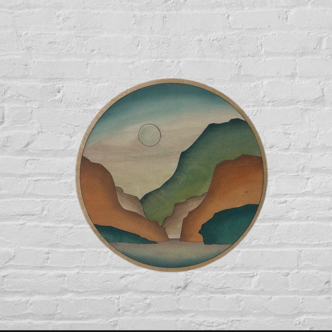 Boho Orange and Teal Mountain Cliff Round Wood Wall Art - Vintage Adventures, LLC