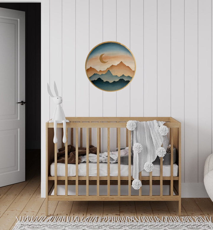 Boho Round Mountain Moon Mountain Wood Wall Art | Circle Moon Wooden Wall Hanging | Nursery Room Decor - Vintage Adventures