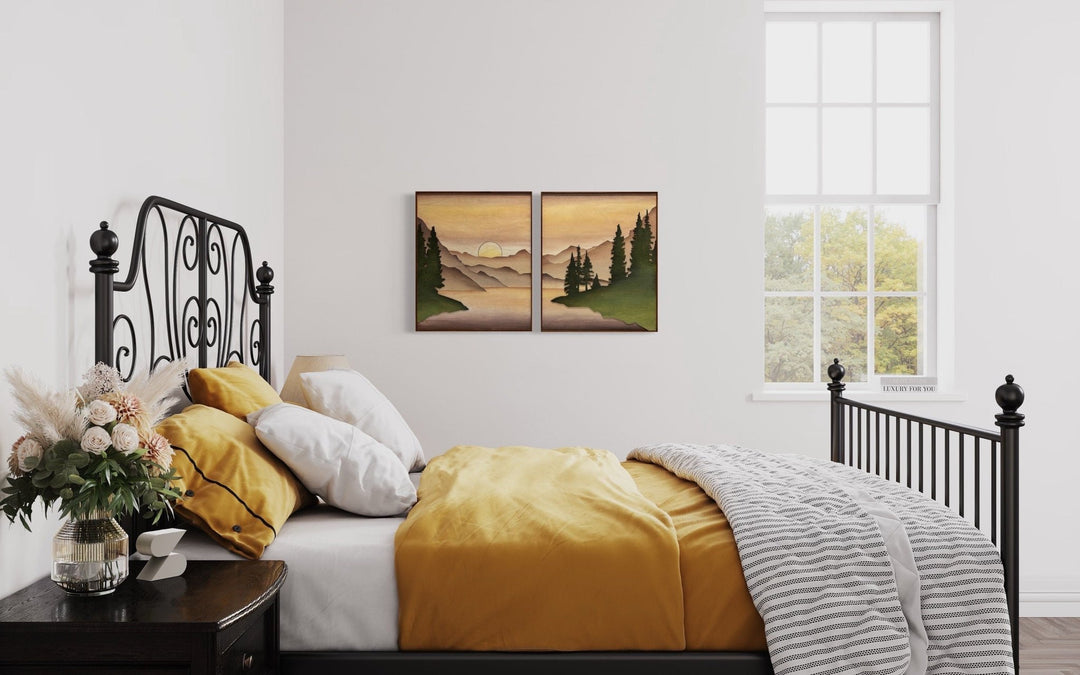 Boho Wood Mountain Lake Watercolor Art | Large 3D Wooden Mountain Stream Wall Hanging | 2 piece Gallery Wall Art Decor for Living Room - Vintage Adventures