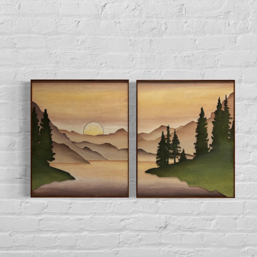Boho Wood Mountain Lake Watercolor Art | Large 3D Wooden Mountain Stream Wall Hanging | 2 piece Gallery Wall Art Decor for Living Room - Vintage Adventures