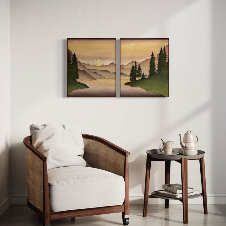 Boho Wood Mountain Lake Watercolor Art | Large 3D Wooden Mountain Stream Wall Hanging | 2 piece Gallery Wall Art Decor for Living Room - Vintage Adventures