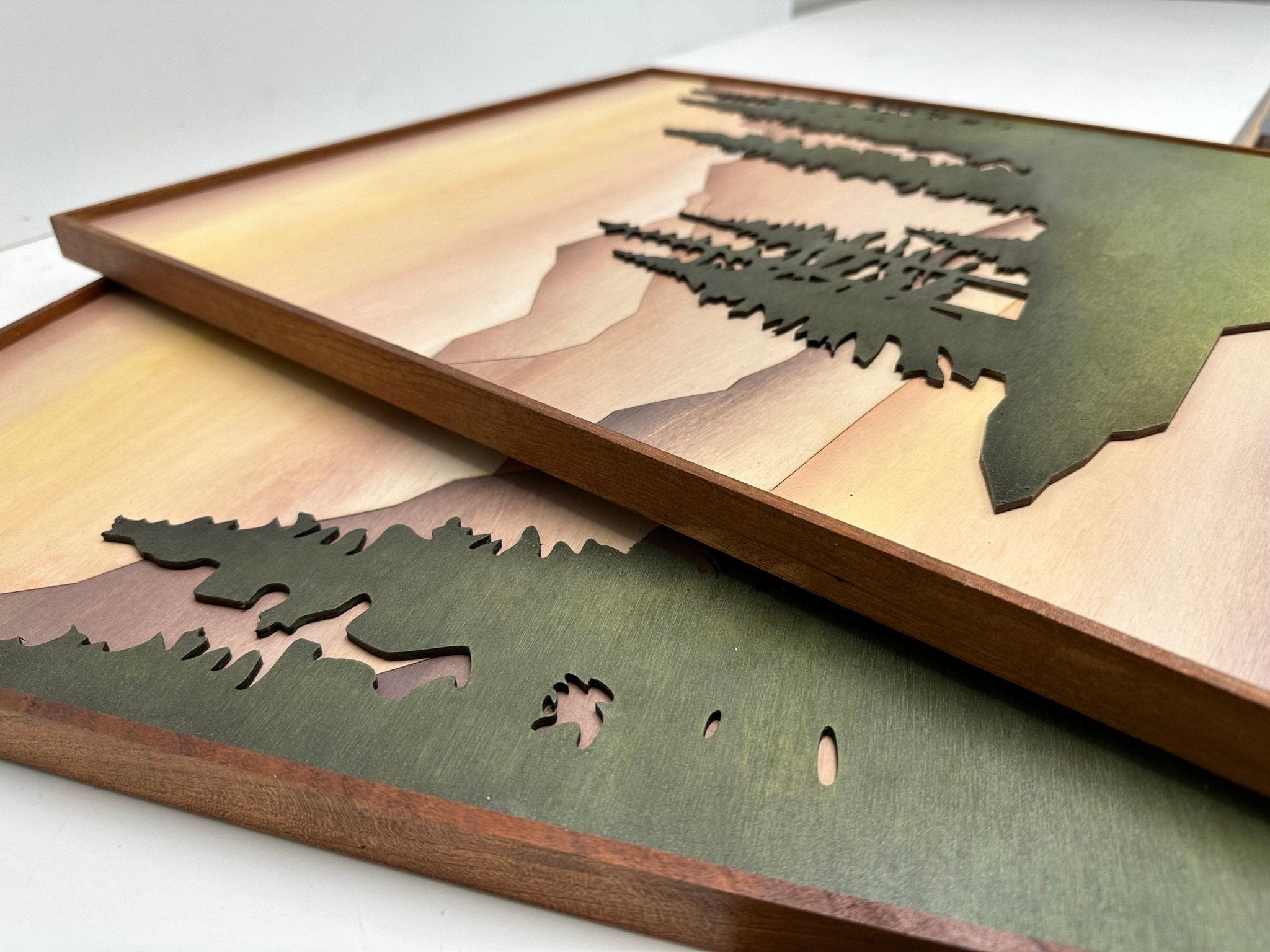 Boho Wood Mountain Lake Watercolor Art | Large 3D Wooden Mountain Stream Wall Hanging | 2 piece Gallery Wall Art Decor for Living Room - Vintage Adventures