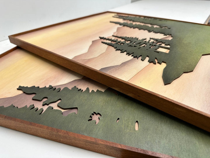 Boho Wood Mountain Lake Watercolor Art | Large 3D Wooden Mountain Stream Wall Hanging | 2 piece Gallery Wall Art Decor for Living Room - Vintage Adventures