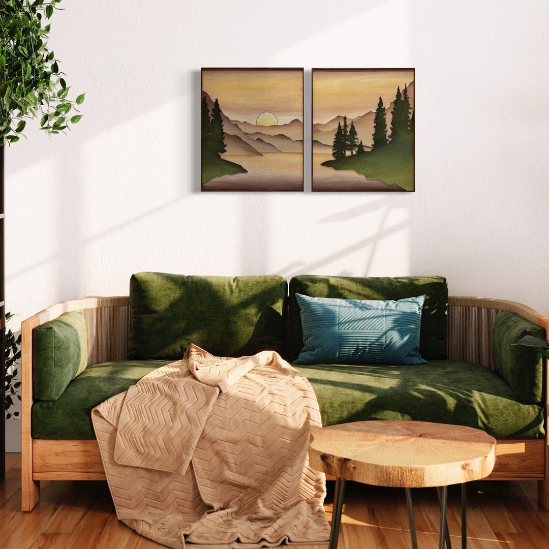 Boho Wood Mountain Lake Watercolor Art | Large 3D Wooden Mountain Stream Wall Hanging | 2 piece Gallery Wall Art Decor for Living Room - Vintage Adventures