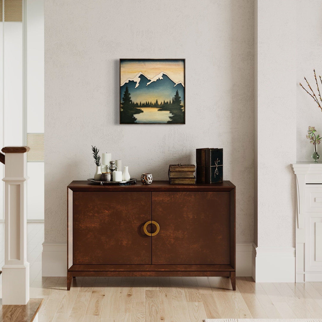 Forest Stream Wood Wall Art | Sunset Wilderness Wooden Wall Hanging | 3D Mountain Cabin Gift for Him - Vintage Adventures