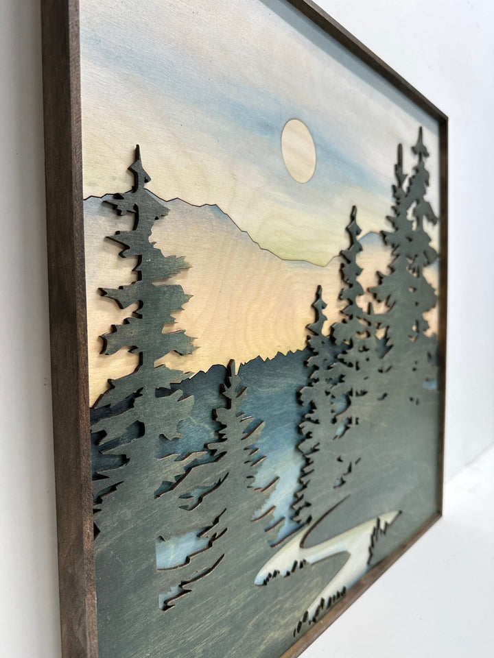 Forest Stream Wood Wall Art | Wilderness Wooden Wall Hanging | 3D Mountain Cabin Gift for Him - Vintage Adventures