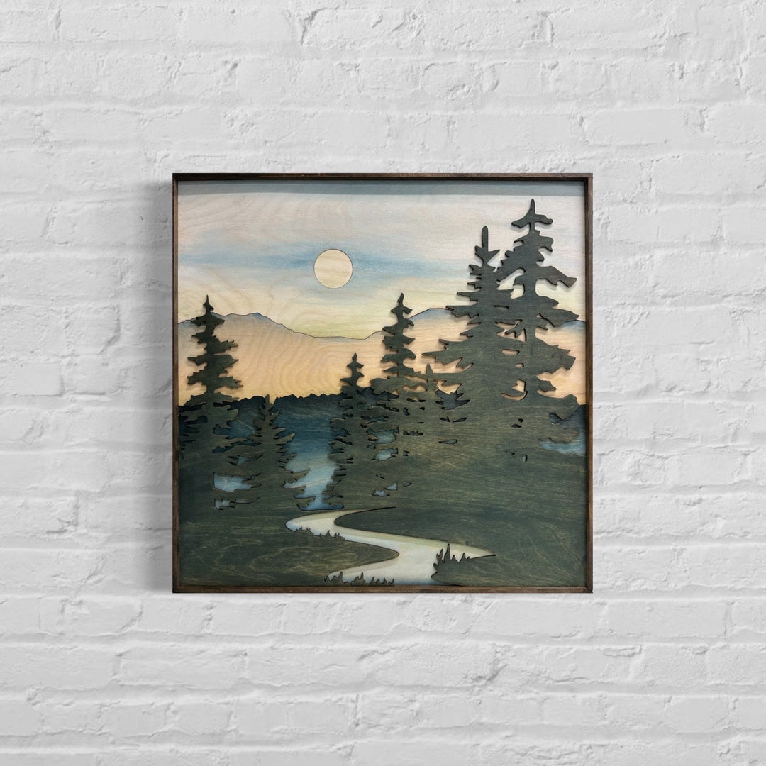 Forest Stream Wood Wall Art | Wilderness Wooden Wall Hanging | 3D Mountain Cabin Gift for Him - Vintage Adventures
