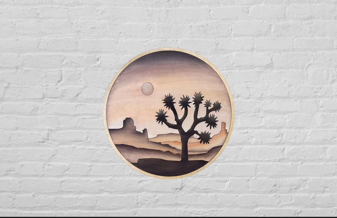 Joshua Tree Southwest Desert Landscape Round Wood Wall Art - Vintage Adventures, LLC