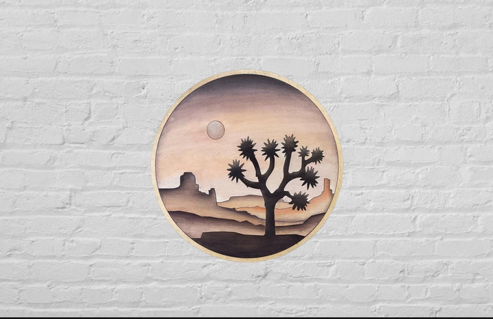 Joshua Tree Southwest Desert Landscape Round Wood Wall Art - Vintage Adventures, LLC