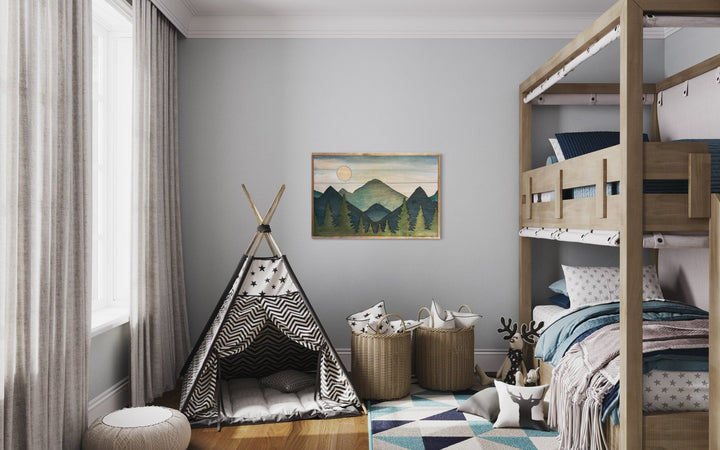 Large Rustic Blue Boho Mountain Scene Wood Wood Wall Art - Vintage Adventures, LLC