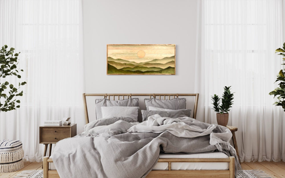 Long Boho Green Sunset Mountain Wood Wall Art - Vintage Adventures, LLC