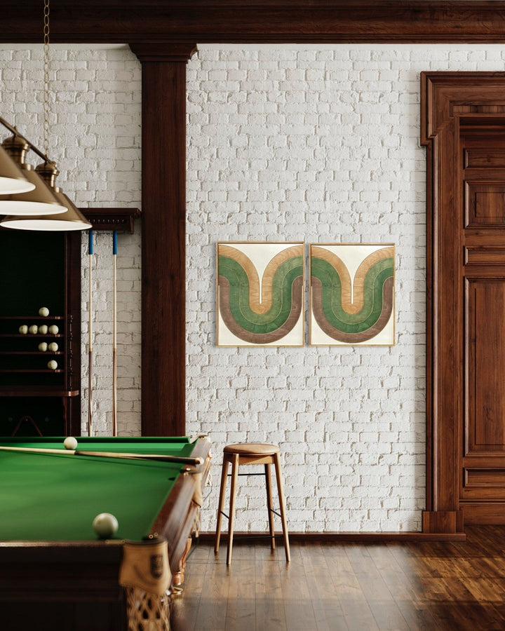 Mid Century Modern Wood Wall Art | Retro Wall Hanging | 2-Piece Set | Wave Pattern Art | Green and Tan Watercolor Art - Vintage Adventures