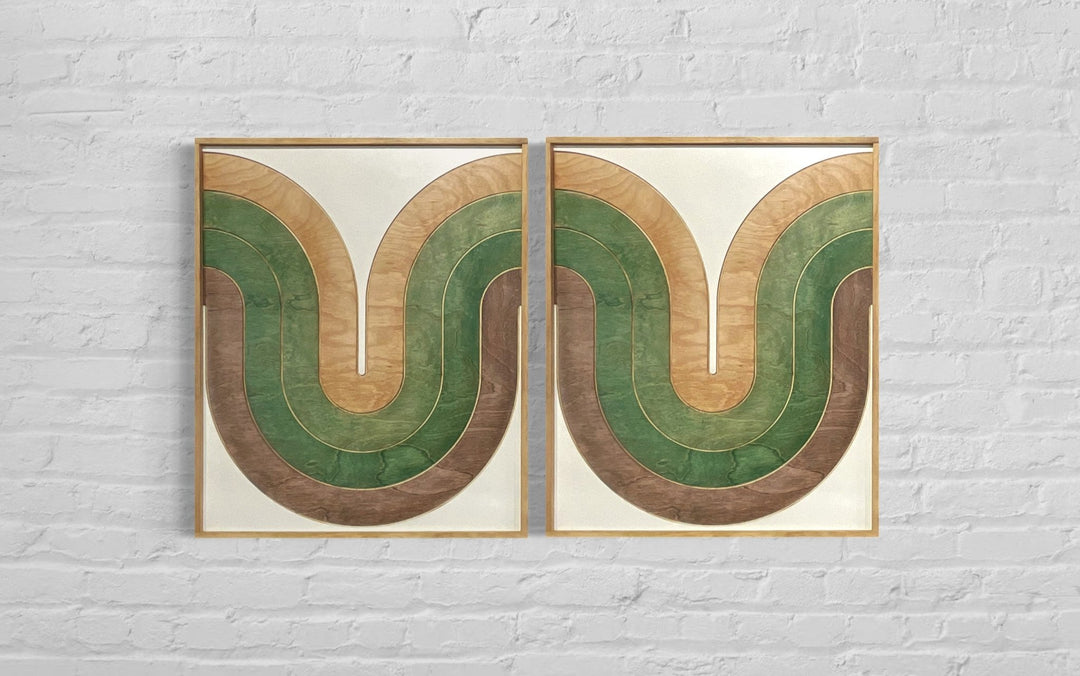 Mid Century Modern Wood Wall Art | Retro Wall Hanging | 2-Piece Set | Wave Pattern Art | Green and Tan Watercolor Art - Vintage Adventures