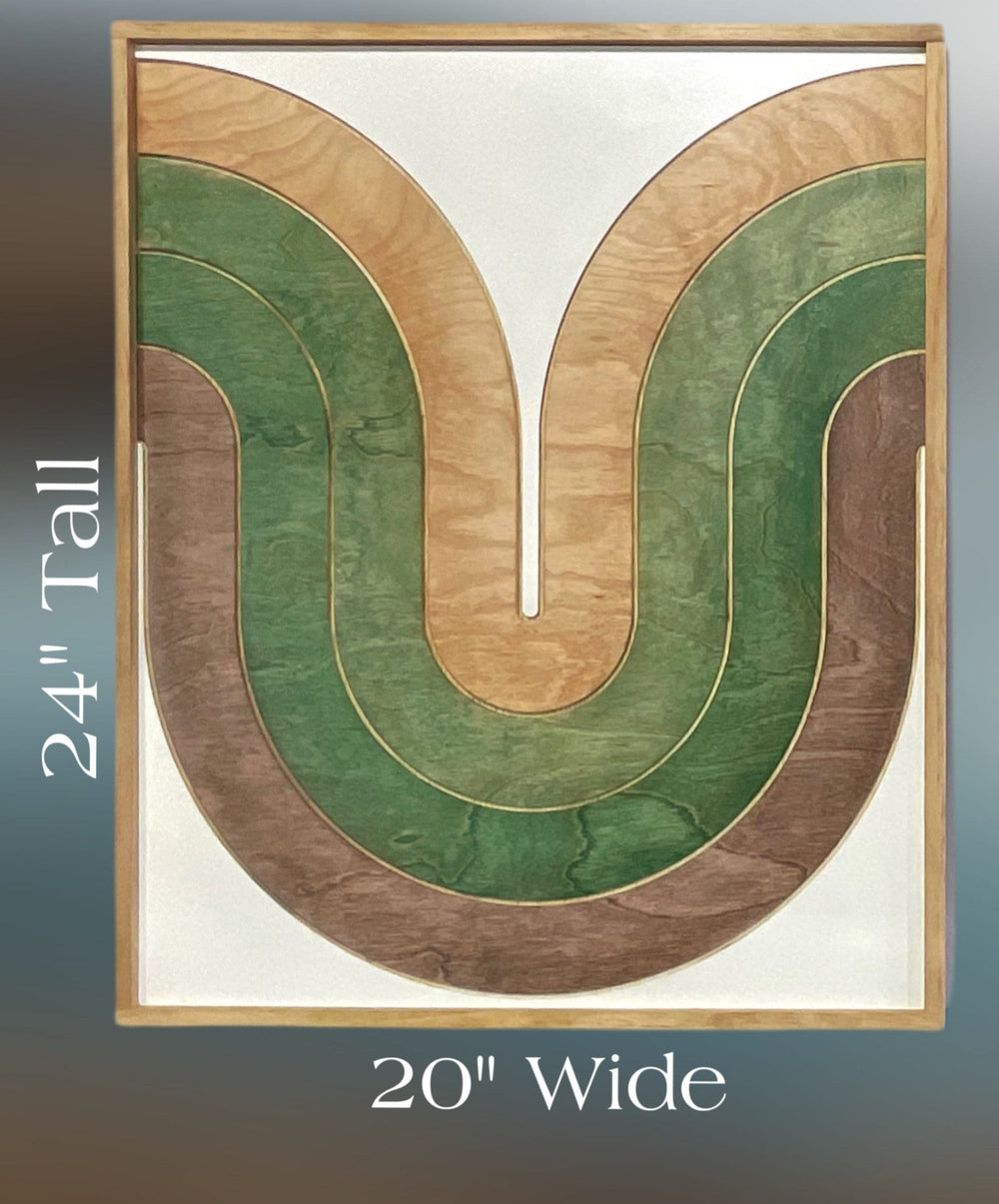 Mid Century Modern Wood Wall Art | Retro Wall Hanging | 2-Piece Set | Wave Pattern Art | Green and Tan Watercolor Art - Vintage Adventures