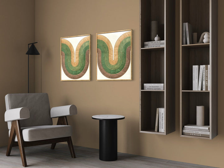 Mid Century Modern Wood Wall Art | Retro Wall Hanging | 2-Piece Set | Wave Pattern Art | Green and Tan Watercolor Art - Vintage Adventures