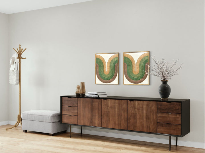 Mid Century Modern Wood Wall Art | Retro Wall Hanging | 2-Piece Set | Wave Pattern Art | Green and Tan Watercolor Art - Vintage Adventures