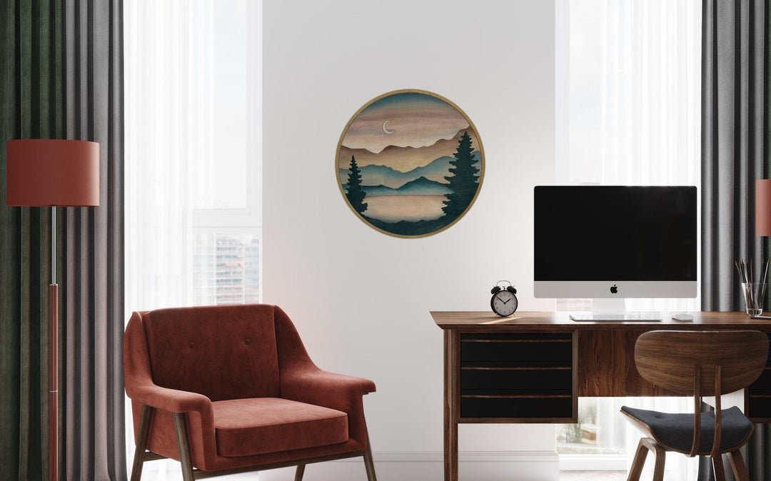 Mountain and Forest Moon and Sky Round Wood Wall Art - Vintage Adventures, LLC