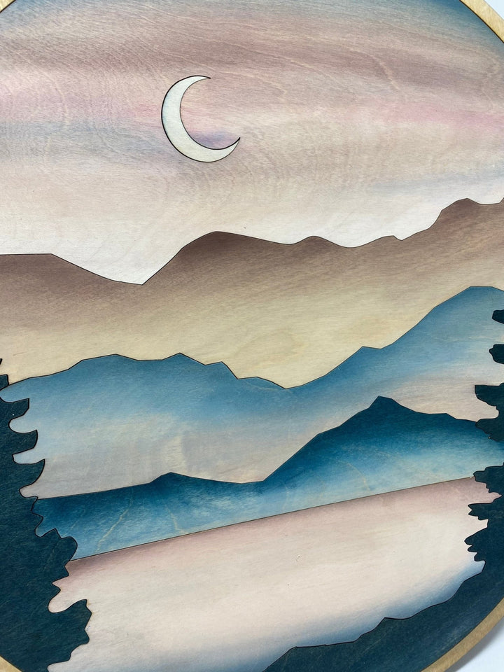 Mountain and Forest Moon and Sky Round Wood Wall Art - Vintage Adventures, LLC