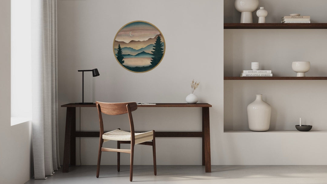 Mountain and Forest Moon and Sky Round Wood Wall Art - Vintage Adventures, LLC