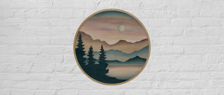 Mountain and Trees Sunlight Landscape Round Wood Wall Art - Vintage Adventures, LLC