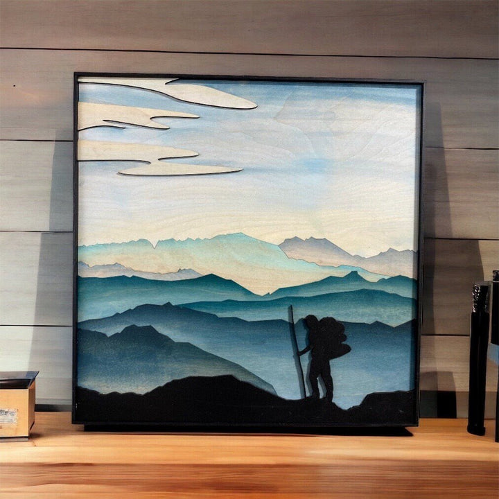 Mountain Hiker Wood Wall Art | 3D Mountain Backpacking Wall Hanging | Gift for Mountain Climber - Vintage Adventures