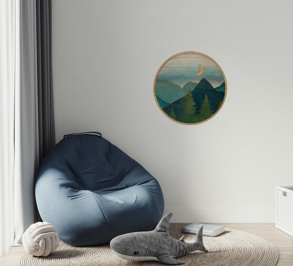 Mountain Moon and Trees Landscape Round Wood Wall Art - Vintage Adventures, LLC