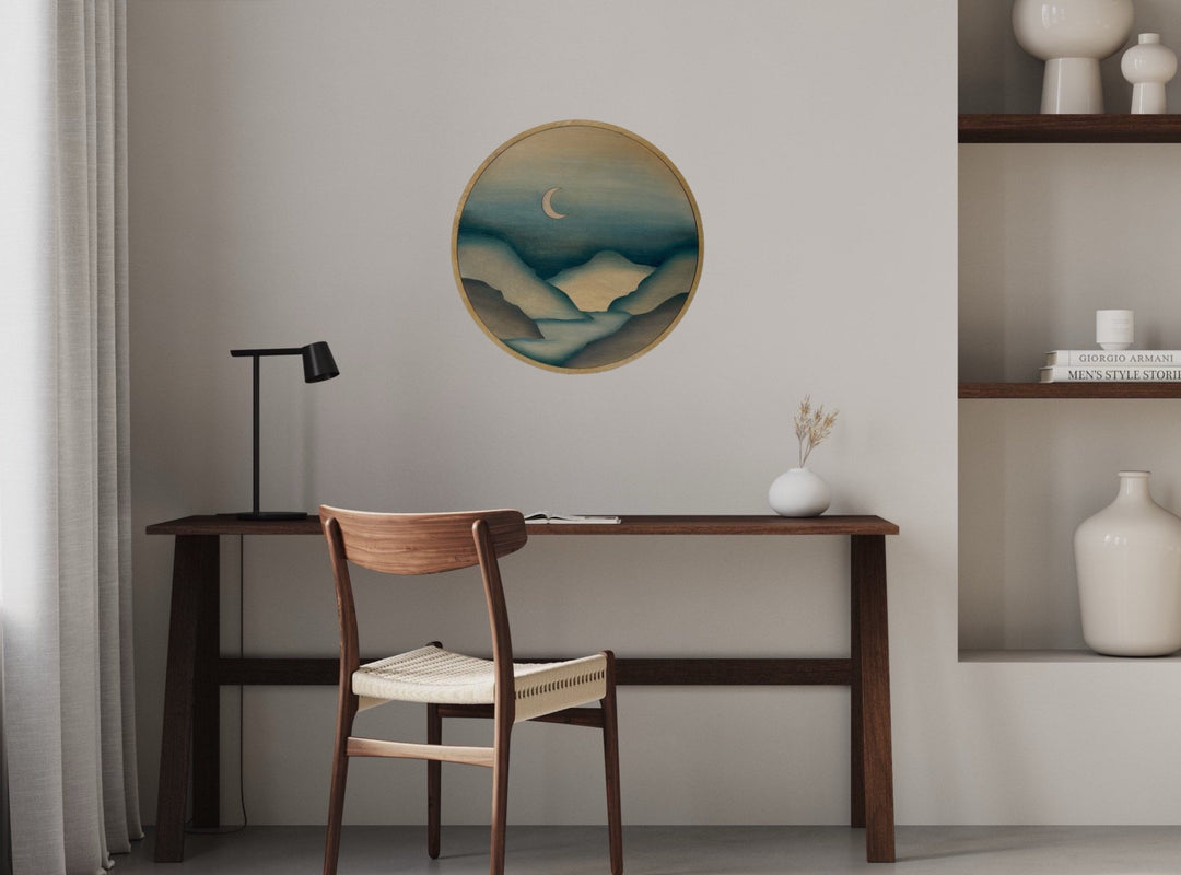 Nordic Mountain Moon Night Sky Round Wood Wall Art - Vintage Adventures, LLC