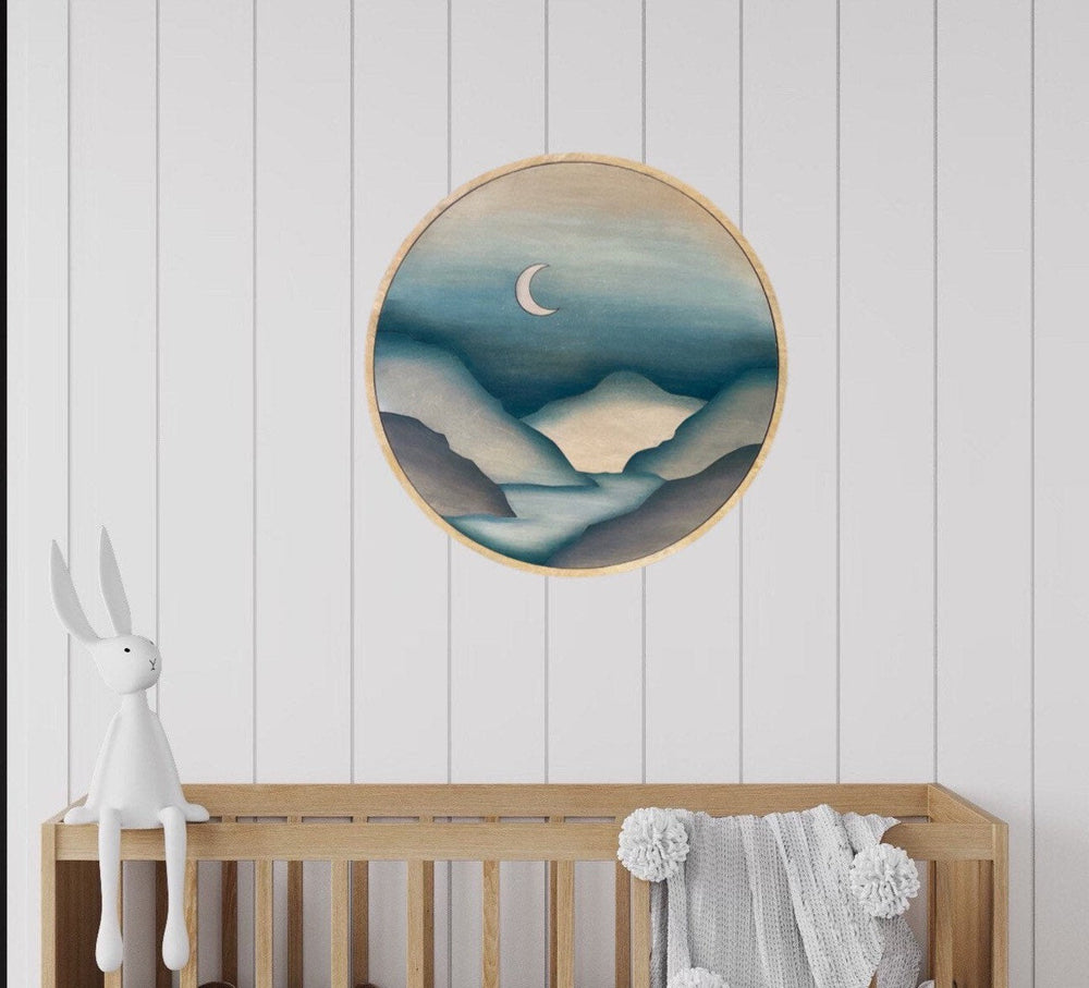 Nordic Mountain Moon Night Sky Round Wood Wall Art - Vintage Adventures, LLC