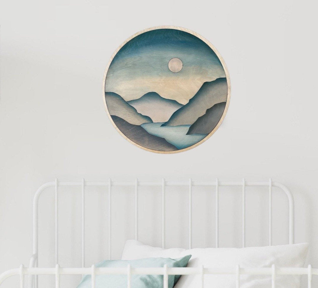 Nordic Mountain Sunlight Sky Round Wood Wall Art - Vintage Adventures, LLC