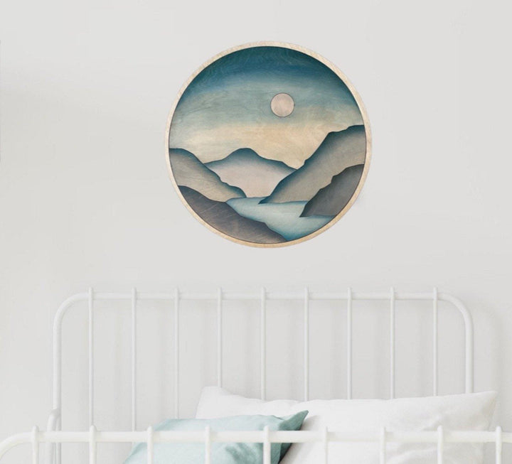 Nordic Mountain Sunlight Sky Round Wood Wall Art - Vintage Adventures, LLC