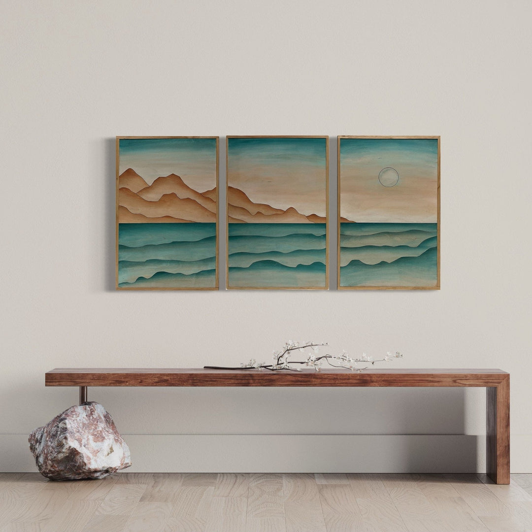 Ocean Beach Landscape Wood Wall Art Set | 3-Piece Framed Coastal Wood Wall Hanging | Boho Lake Landscape Wall Art for Home Décor - Vintage Adventures