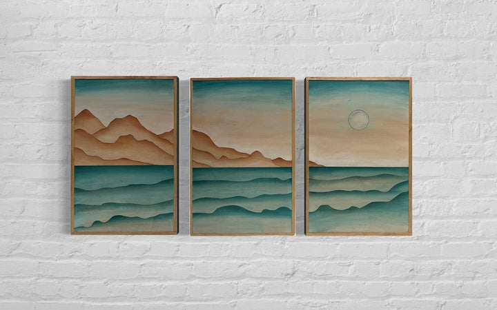 Ocean Beach Landscape Wood Wall Art Set | 3-Piece Framed Coastal Wood Wall Hanging | Boho Lake Landscape Wall Art for Home Décor - Vintage Adventures