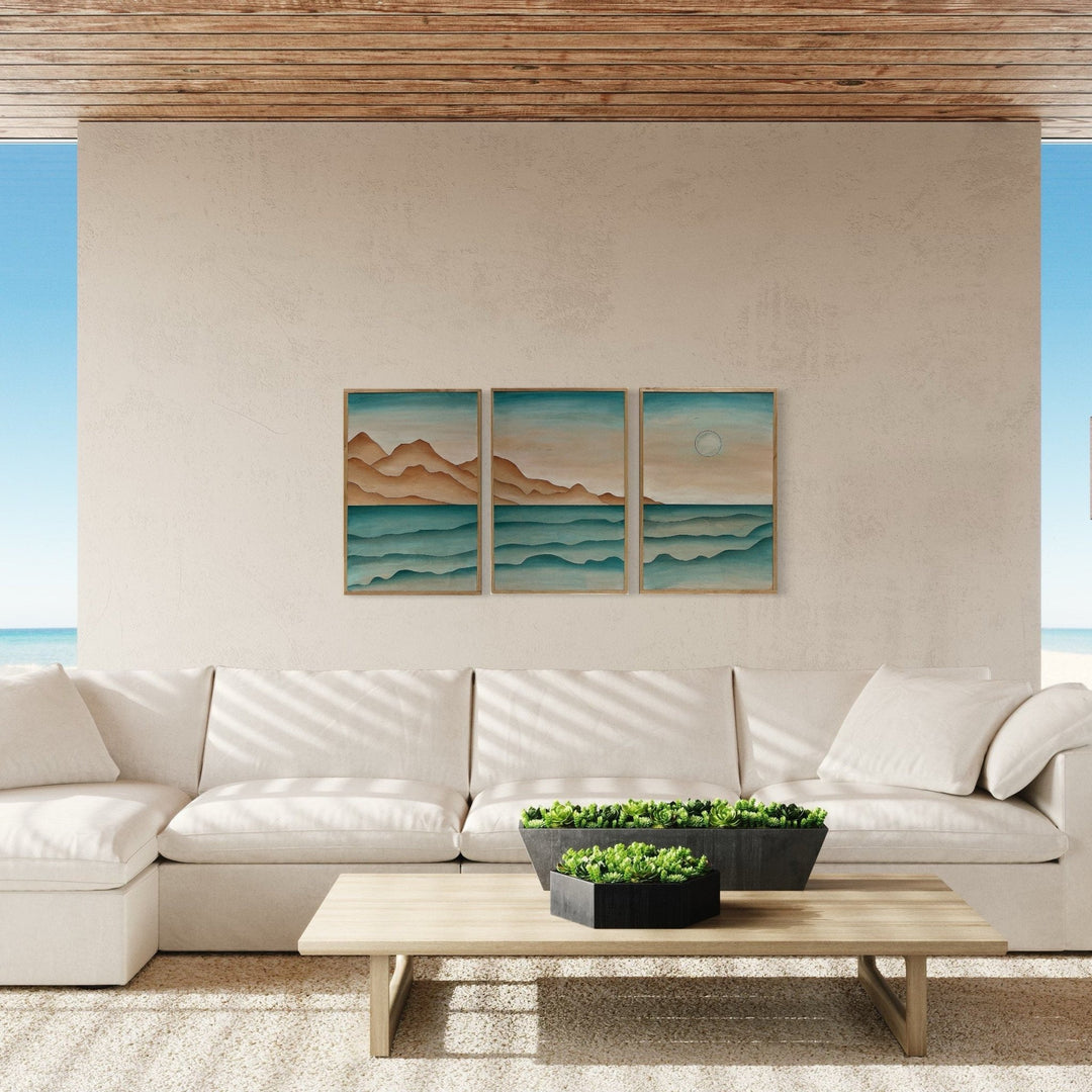 Ocean Beach Landscape Wood Wall Art Set | 3-Piece Framed Coastal Wood Wall Hanging | Boho Lake Landscape Wall Art for Home Décor - Vintage Adventures