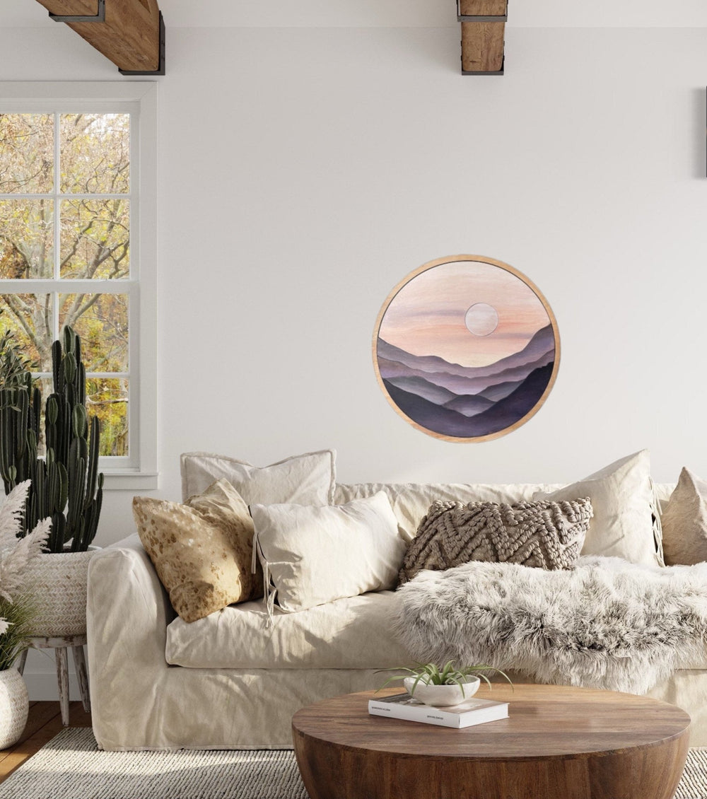Purple Mountain Cliffs Landscape Round Wood Wall Art - Vintage Adventures, LLC