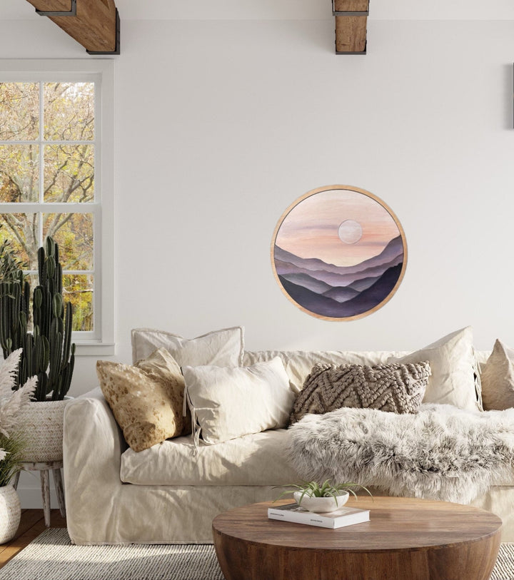 Purple Mountain Cliffs Landscape Round Wood Wall Art - Vintage Adventures, LLC